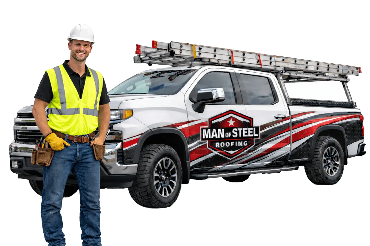 Man of Steel Roofer van with logo and technician smiling.